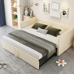 Okwish Lit Gigogne 90/180x200 cm - Lit Multifonction avec Sommier À Lattes, Sans Matelas, Velours Doux - Beige
