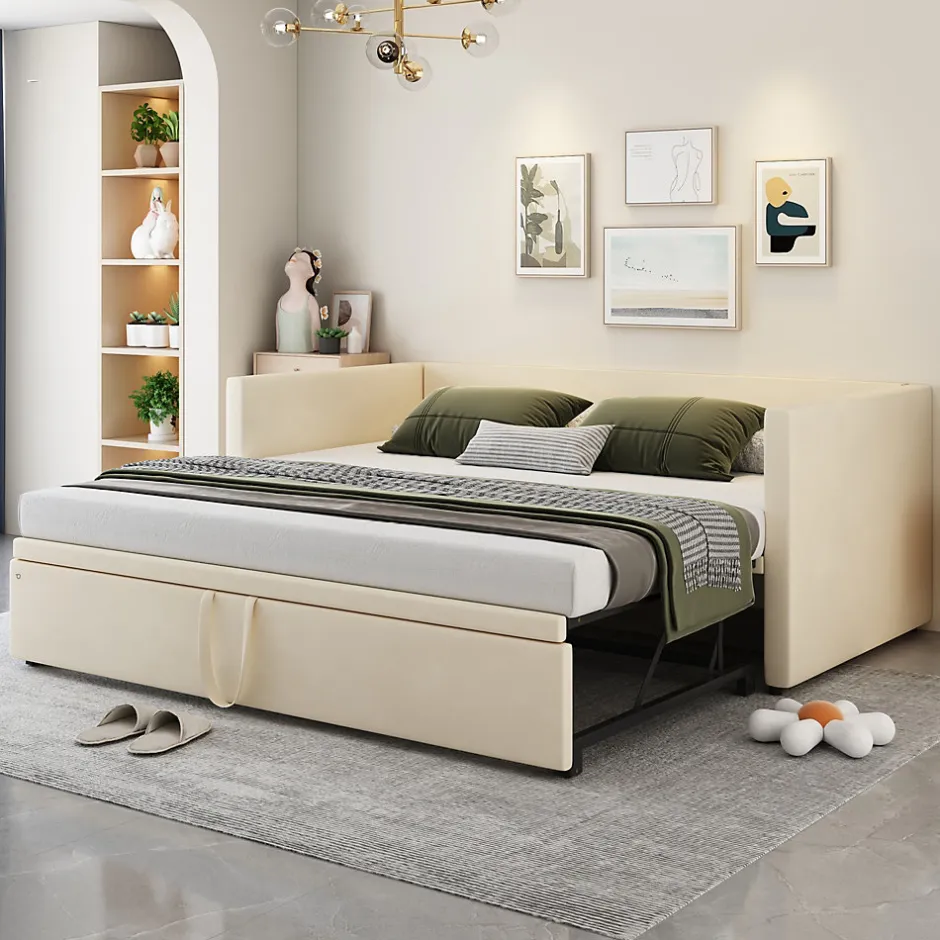 Okwish Lit Gigogne 90/180x200 cm - Lit Multifonction avec Sommier À Lattes, Sans Matelas, Velours Doux - Beige