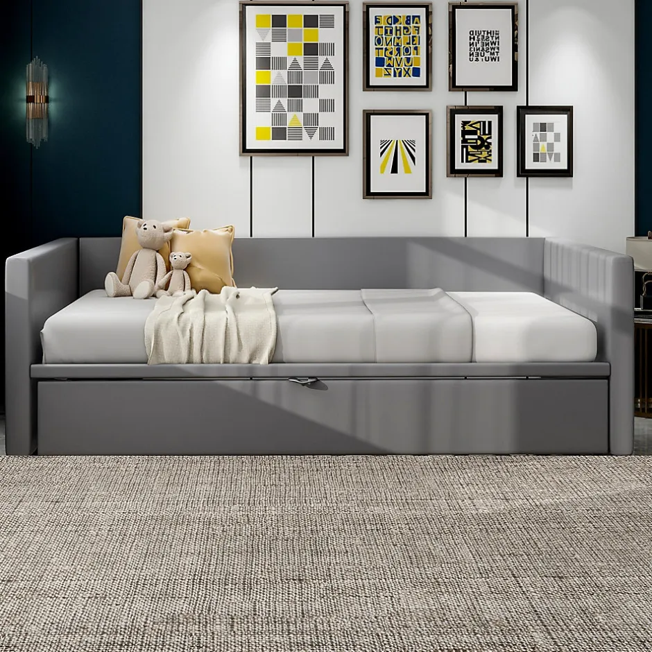 Okwish Lit Gigogne 90/180x200 cm - Lit Multifonction avec Sommier À Lattes, Sans Matelas, en Velours Doux, Gris Hot