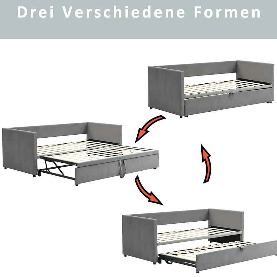Okwish Lit Gigogne 90/180x200 cm - Lit Multifonction avec Sommier À Lattes, Sans Matelas, en Velours Doux, Gris Hot
