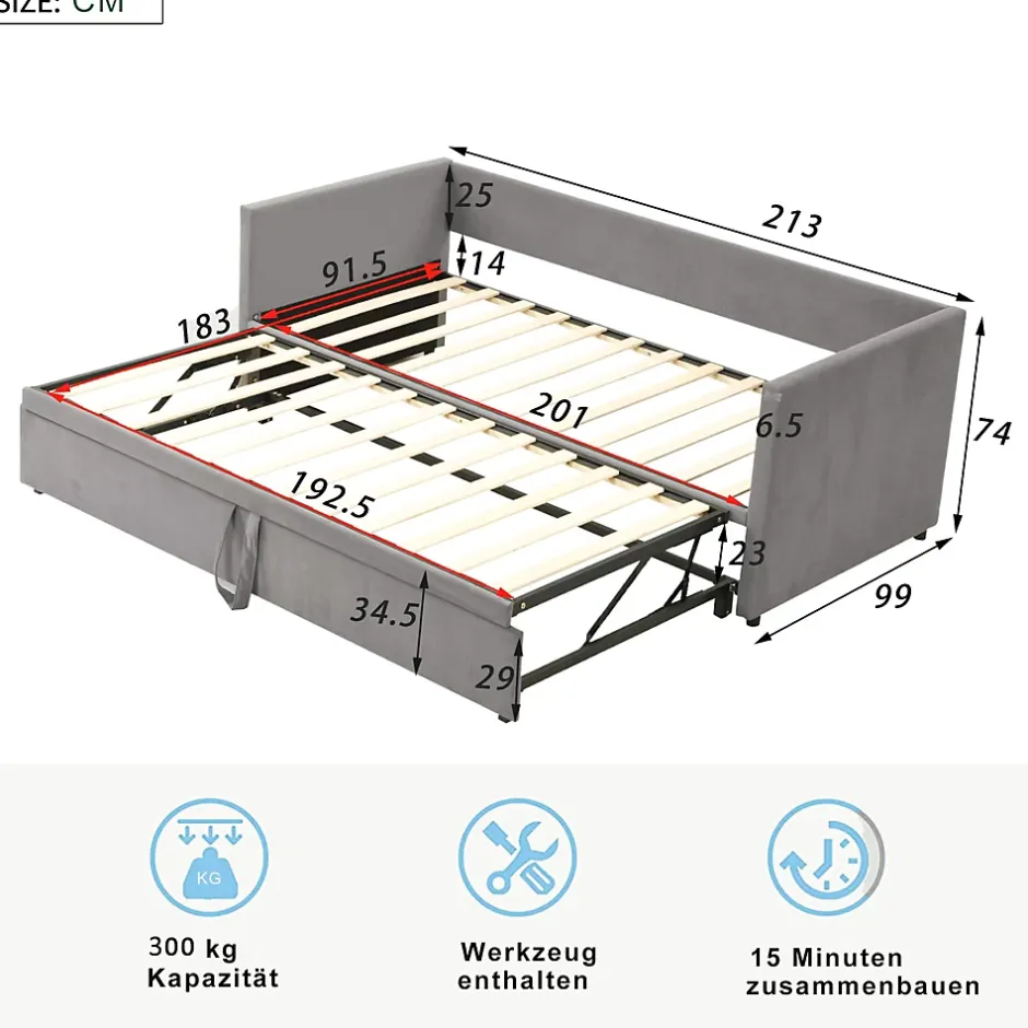 Okwish Lit Gigogne 90/180x200 cm - Lit Multifonction avec Sommier À Lattes, Sans Matelas, en Velours Doux, Gris Hot