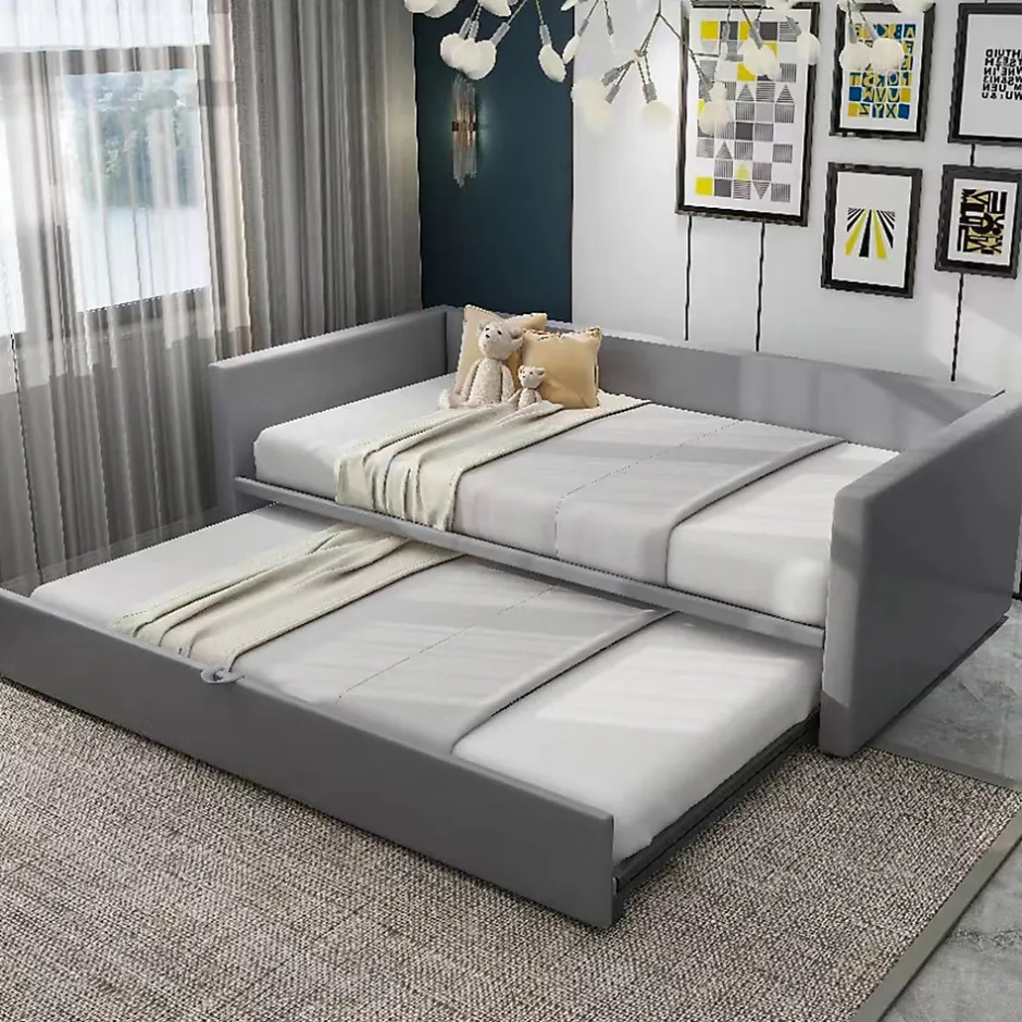 Okwish Lit Gigogne 90/180x200 cm - Lit Multifonction avec Sommier À Lattes, Sans Matelas, en Velours Doux, Gris Hot