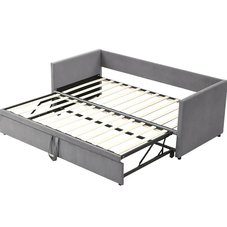 Okwish Lit Gigogne 90/180x200 cm - Lit Multifonction avec Sommier À Lattes, Sans Matelas, en Velours Doux, Gris Hot