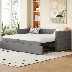 Okwish Lit Gigogne 90x200 cm - Lit Multifonction avec Sommier À Lattes, Convertible pour Chambre d'Amis, en Velours Gris, Sans Matelas