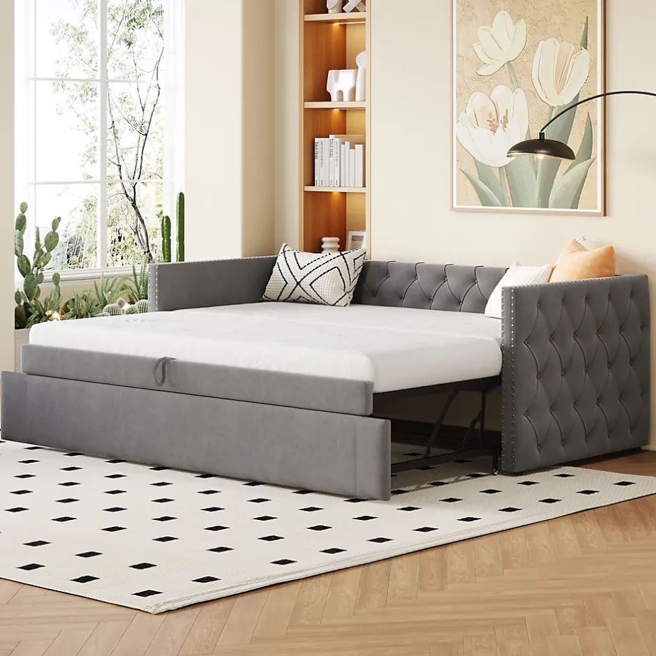 Okwish Lit Gigogne 90x200 cm - Lit Multifonction avec Sommier À Lattes, Convertible pour Chambre d'Amis, en Velours Gris, Sans Matelas