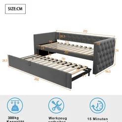Okwish Lit Gigogne 90x200 cm - Lit Multifonction avec Sommier À Lattes, Convertible pour Chambre d'Amis, en Velours Gris, Sans Matelas