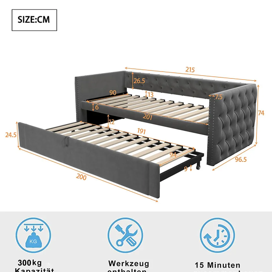 Okwish Lit Gigogne 90x200 cm - Lit Multifonction avec Sommier À Lattes, Convertible pour Chambre d'Amis, en Velours Gris, Sans Matelas