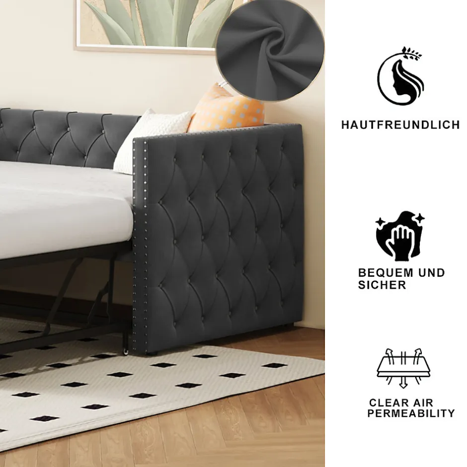 Okwish Lit Gigogne 90x200 cm - Lit Multifonction avec Sommier À Lattes, Convertible pour Chambre d'Amis, en Velours Gris, Sans Matelas