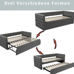 Okwish Lit Gigogne 90x200 cm - Lit Multifonction avec Sommier À Lattes, Convertible pour Chambre d'Amis, en Velours Gris, Sans Matelas