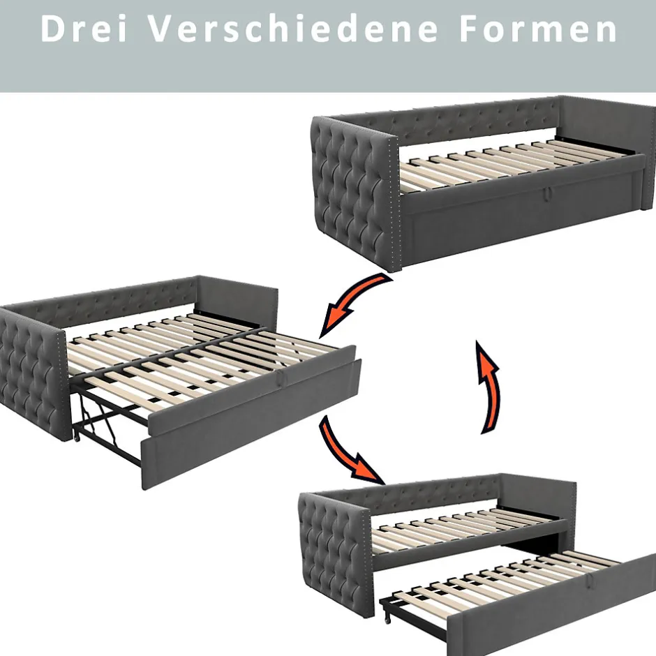 Okwish Lit Gigogne 90x200 cm - Lit Multifonction avec Sommier À Lattes, Convertible pour Chambre d'Amis, en Velours Gris, Sans Matelas