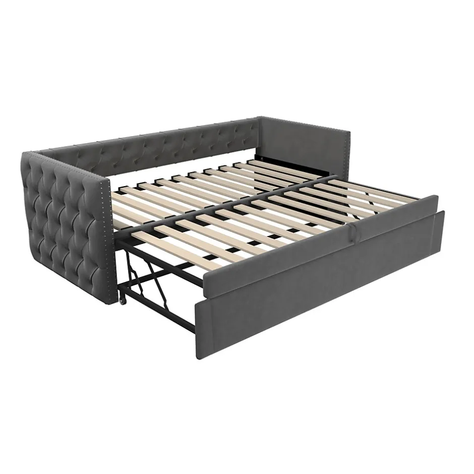 Okwish Lit Gigogne 90x200 cm - Lit Multifonction avec Sommier À Lattes, Convertible pour Chambre d'Amis, en Velours Gris, Sans Matelas