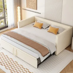 Okwish Lit Gigogne 90/180x200 cm - Lit Multifonction avec Sommier À Lattes, Convertible pour Chambre d'Amis, Velours Beige, Sans Matelas Hot