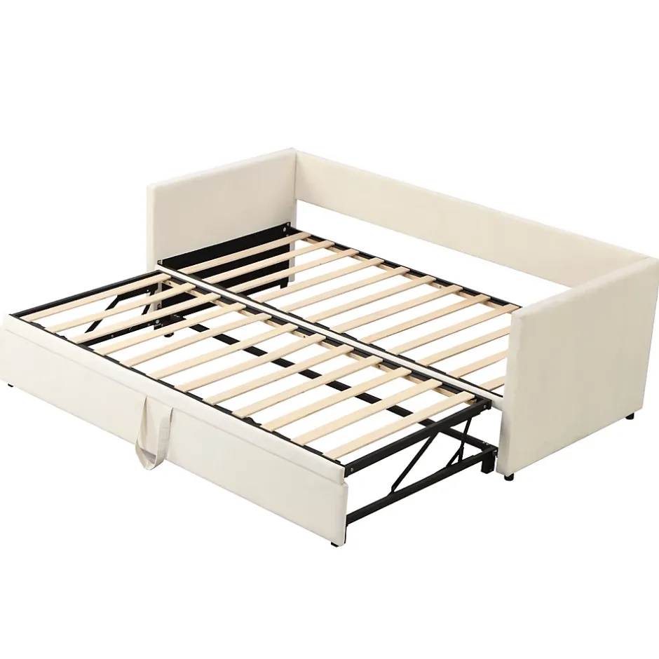 Okwish Lit Gigogne 90/180x200 cm - Lit Multifonction avec Sommier À Lattes, Convertible pour Chambre d'Amis, Velours Beige, Sans Matelas Hot