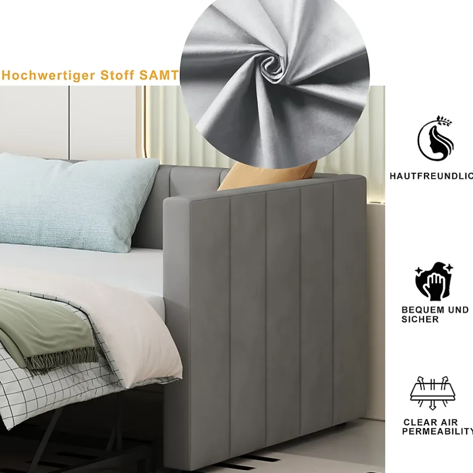 Okwish Lit Gigogne 90/180x200 cm - Lit Multifonction Convertible en Velours Doux, Sans Matelas - Gris Clair New