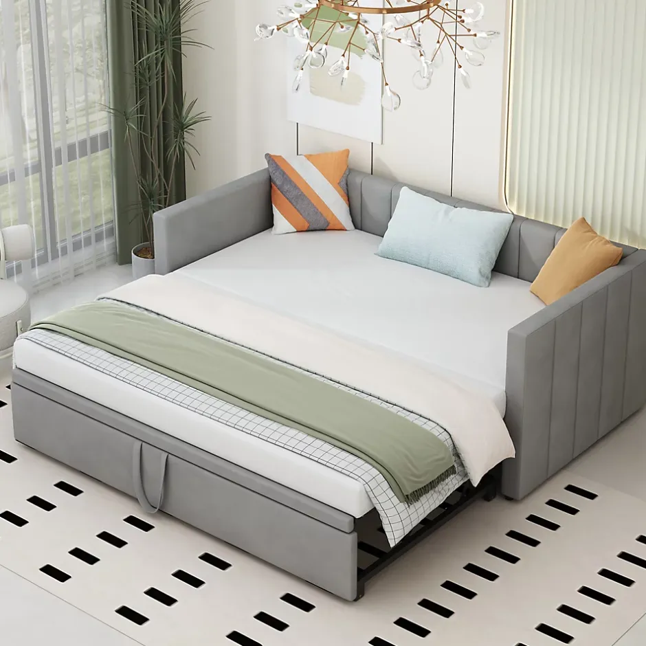 Okwish Lit Gigogne 90/180x200 cm - Lit Multifonction Convertible en Velours Doux, Sans Matelas - Gris Clair New