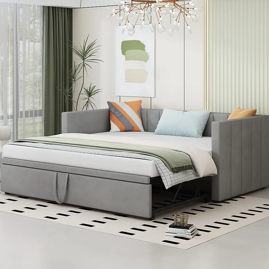 Okwish Lit Gigogne 90/180x200 cm - Lit Multifonction Convertible en Velours Doux, Sans Matelas - Gris Clair New