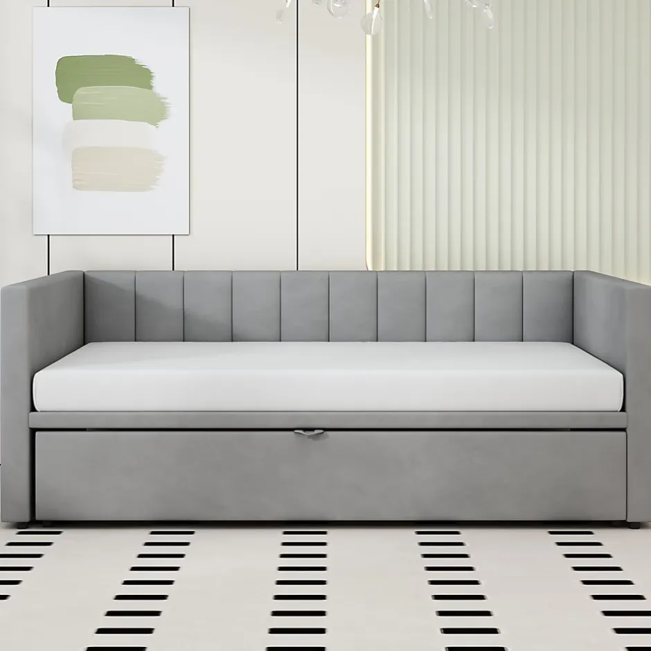 Okwish Lit Gigogne 90/180x200 cm - Lit Multifonction Convertible en Velours Doux, Sans Matelas - Gris Clair New
