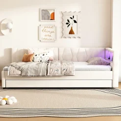 Okwish Lit Gigogne 90x200 cm - Lit Simple Enfant avec Éclairage LED Télécommandé et Port USB Type C - Sans Matelas - Lin Beige Discount