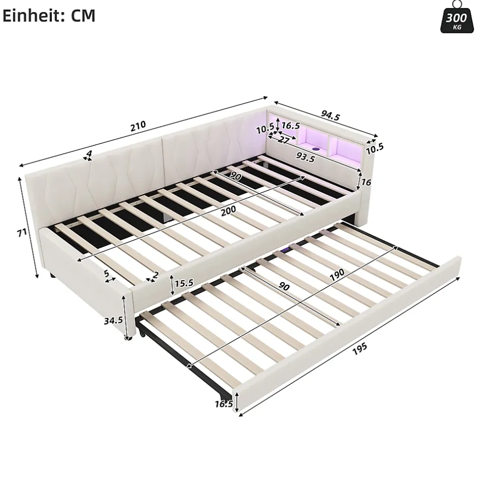Okwish Lit Gigogne 90x200 cm - Lit Simple Enfant avec Éclairage LED Télécommandé et Port USB Type C - Sans Matelas - Lin Beige Discount