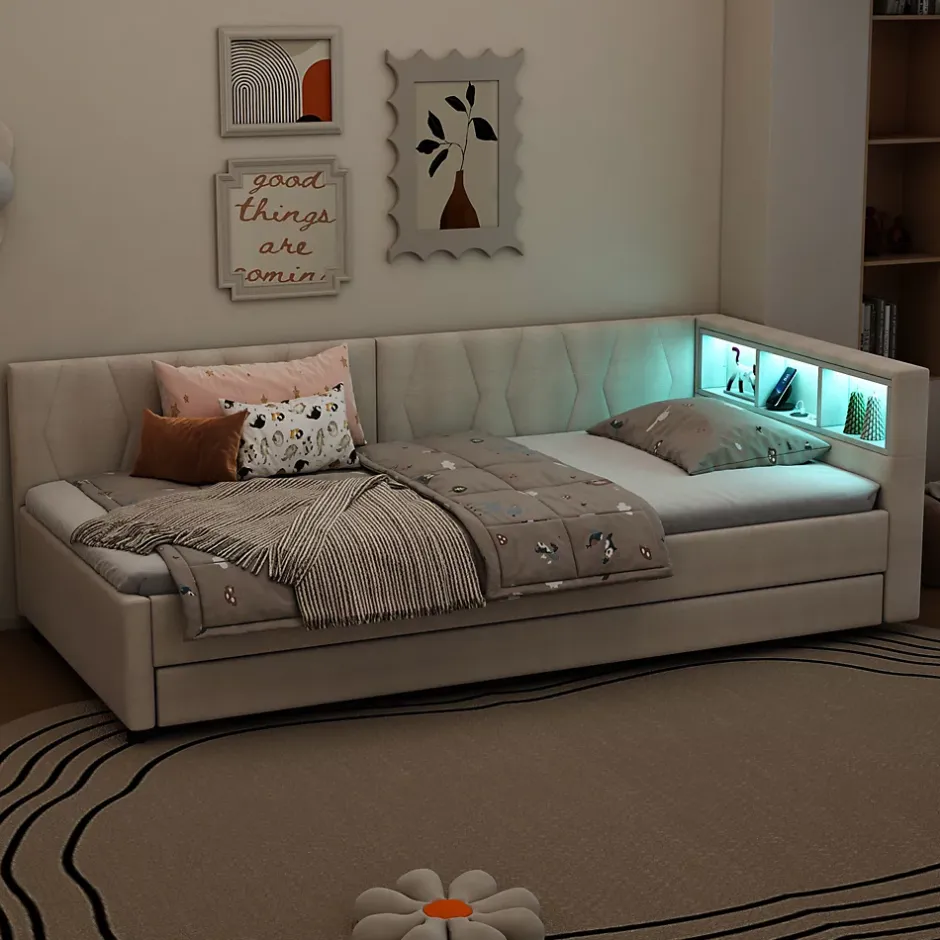 Okwish Lit Gigogne 90x200 cm - Lit Simple Enfant avec Éclairage LED Télécommandé et Port USB Type C - Sans Matelas - Lin Beige Discount