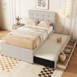 Okwish Lit Gigogne 90x200 cm - Lit Simple Enfant Rembourré avec Tête de Lit Réglable et 3 Tiroirs - Sans Matelas - Lin Beige