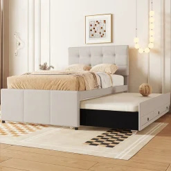 Okwish Lit Gigogne 90x200 cm - Lit Simple Enfant Rembourré avec Tête de Lit Réglable et 3 Tiroirs - Sans Matelas - Lin Beige
