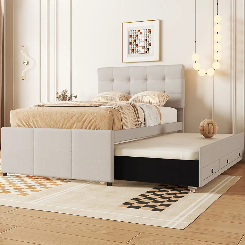 Okwish Lit Gigogne 90x200 cm - Lit Simple Enfant Rembourré avec Tête de Lit Réglable et 3 Tiroirs - Sans Matelas - Lin Beige