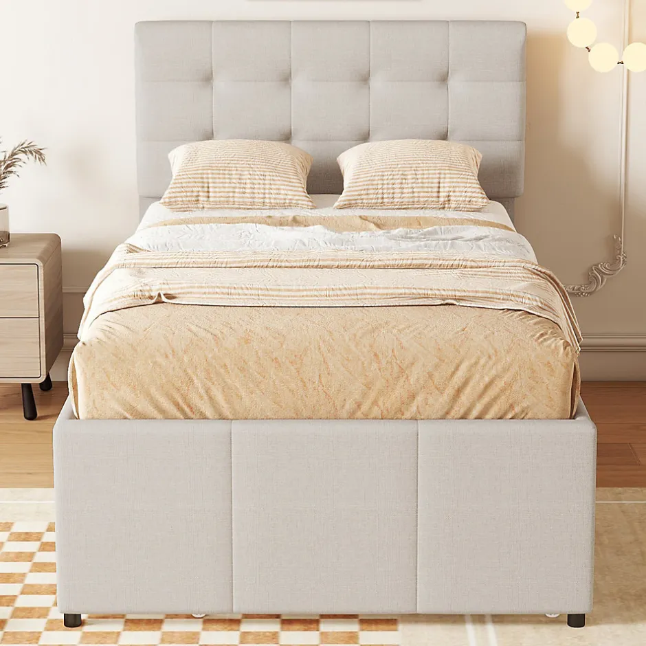 Okwish Lit Gigogne 90x200 cm - Lit Simple Enfant Rembourré avec Tête de Lit Réglable et 3 Tiroirs - Sans Matelas - Lin Beige