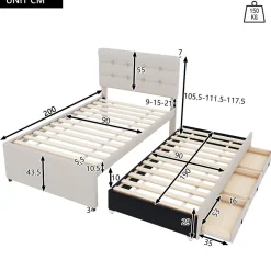 Okwish Lit Gigogne 90x200 cm - Lit Simple Enfant Rembourré avec Tête de Lit Réglable et 3 Tiroirs - Sans Matelas - Lin Beige