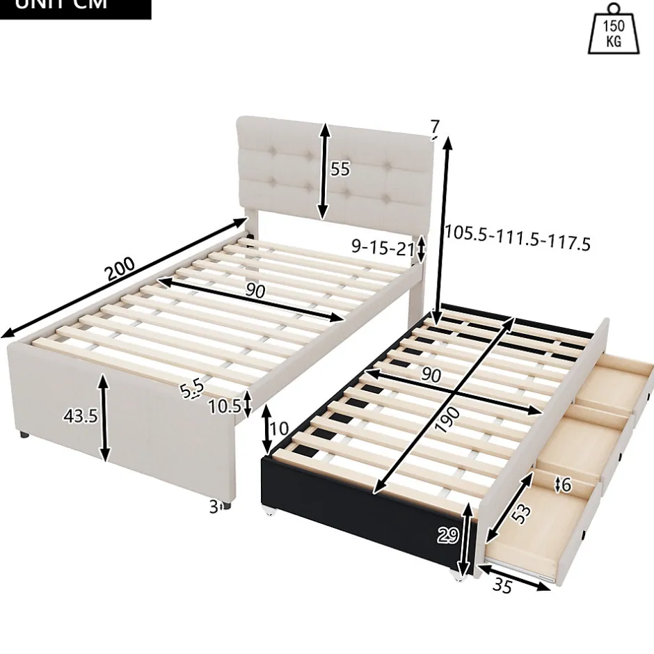 Okwish Lit Gigogne 90x200 cm - Lit Simple Enfant Rembourré avec Tête de Lit Réglable et 3 Tiroirs - Sans Matelas - Lin Beige