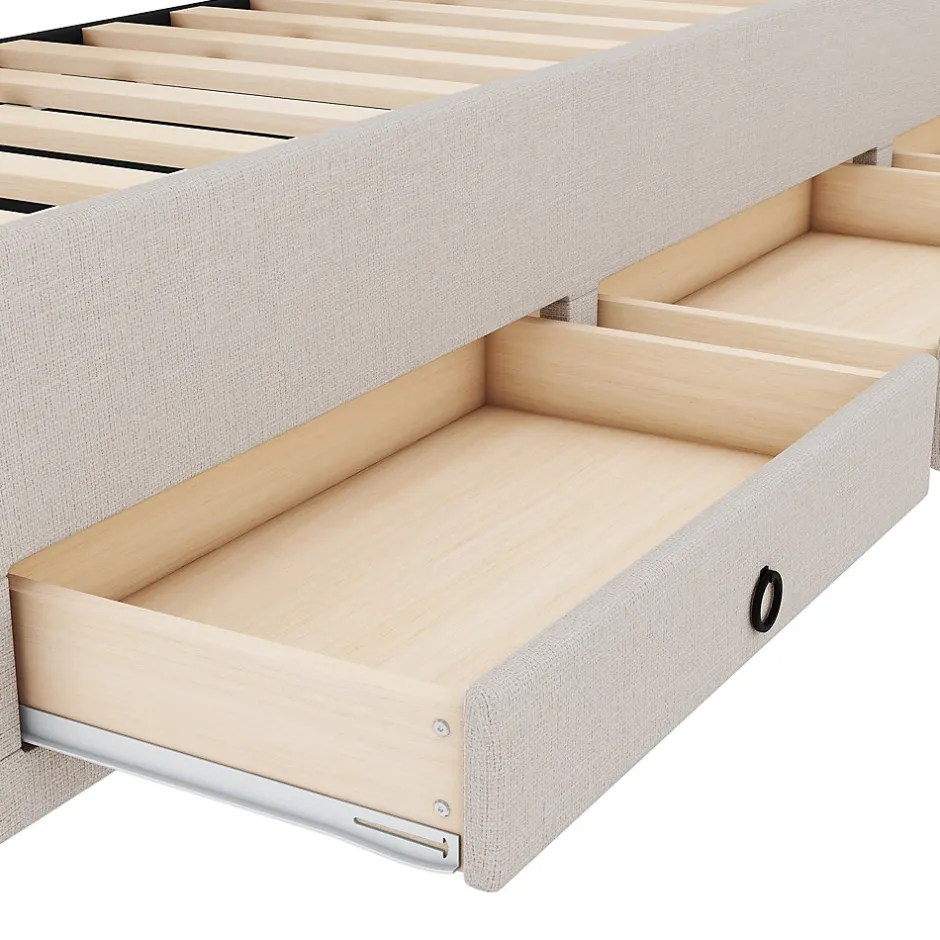 Okwish Lit Gigogne 90x200 cm - Lit Simple Enfant Rembourré avec Tête de Lit Réglable et 3 Tiroirs - Sans Matelas - Lin Beige