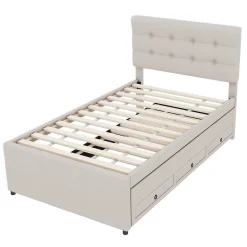 Okwish Lit Gigogne 90x200 cm - Lit Simple Enfant Rembourré avec Tête de Lit Réglable et 3 Tiroirs - Sans Matelas - Lin Beige