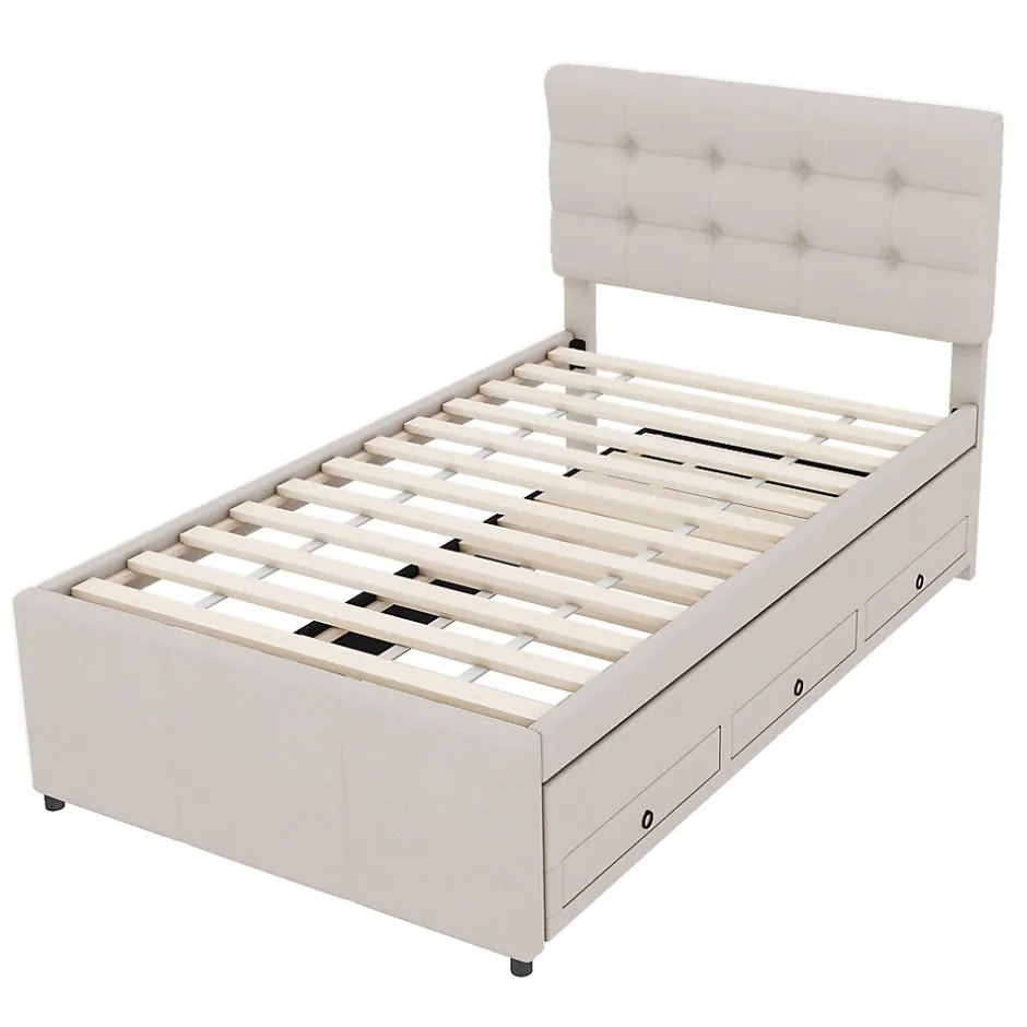 Okwish Lit Gigogne 90x200 cm - Lit Simple Enfant Rembourré avec Tête de Lit Réglable et 3 Tiroirs - Sans Matelas - Lin Beige