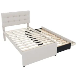 Okwish Lit Gigogne 90x200 cm - Lit Simple Enfant Rembourré avec Tête de Lit Réglable et 3 Tiroirs - Sans Matelas - Lin Beige