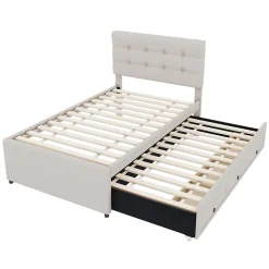Okwish Lit Gigogne 90x200 cm - Lit Simple Enfant Rembourré avec Tête de Lit Réglable et 3 Tiroirs - Sans Matelas - Lin Beige