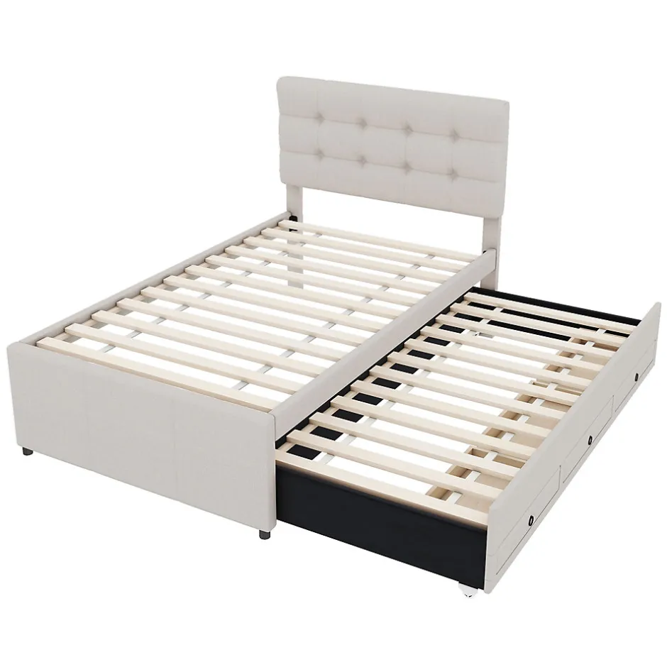 Okwish Lit Gigogne 90x200 cm - Lit Simple Enfant Rembourré avec Tête de Lit Réglable et 3 Tiroirs - Sans Matelas - Lin Beige