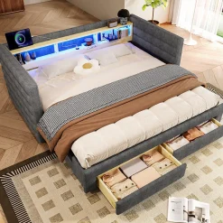 Okwish Lit Gigogne 90x190 cm - Lit Simple avec 2 Tiroirs et Étagères - LED et Ports USB Intégrés - Multifonction en Velours Gris