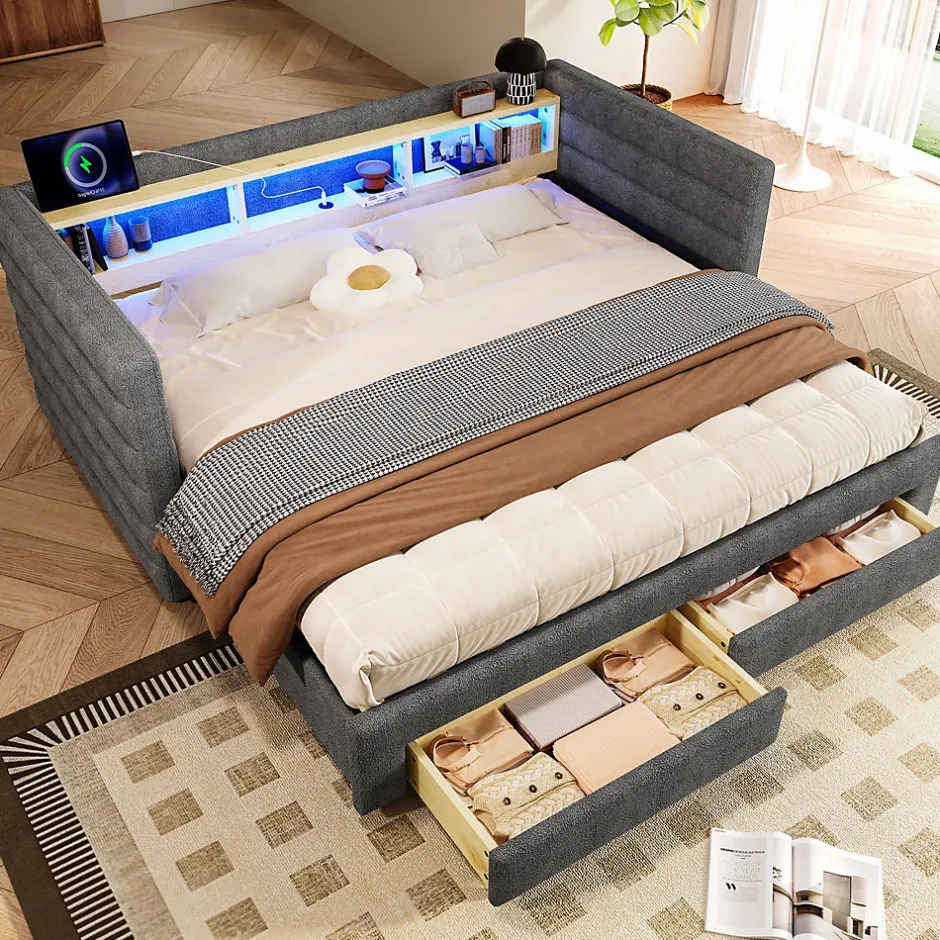Okwish Lit Gigogne 90x190 cm - Lit Simple avec 2 Tiroirs et Étagères - LED et Ports USB Intégrés - Multifonction en Velours Gris