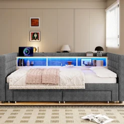 Okwish Lit Gigogne 90x190 cm - Lit Simple avec 2 Tiroirs et Étagères - LED et Ports USB Intégrés - Multifonction en Velours Gris