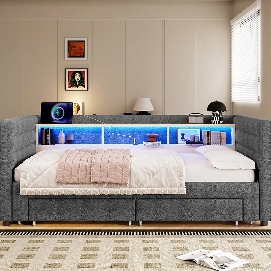 Okwish Lit Gigogne 90x190 cm - Lit Simple avec 2 Tiroirs et Étagères - LED et Ports USB Intégrés - Multifonction en Velours Gris