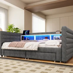Okwish Lit Gigogne 90x190 cm - Lit Simple avec 2 Tiroirs et Étagères - LED et Ports USB Intégrés - Multifonction en Velours Gris
