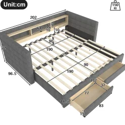 Okwish Lit Gigogne 90x190 cm - Lit Simple avec 2 Tiroirs et Étagères - LED et Ports USB Intégrés - Multifonction en Velours Gris