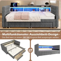 Okwish Lit Gigogne 90x190 cm - Lit Simple avec 2 Tiroirs et Étagères - LED et Ports USB Intégrés - Multifonction en Velours Gris