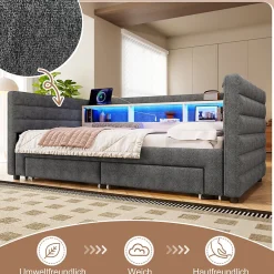Okwish Lit Gigogne 90x190 cm - Lit Simple avec 2 Tiroirs et Étagères - LED et Ports USB Intégrés - Multifonction en Velours Gris