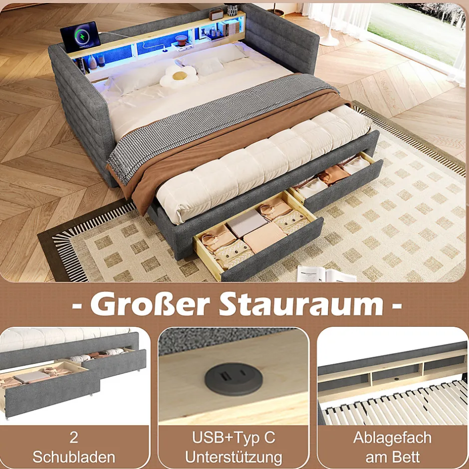 Okwish Lit Gigogne 90x190 cm - Lit Simple avec 2 Tiroirs et Étagères - LED et Ports USB Intégrés - Multifonction en Velours Gris