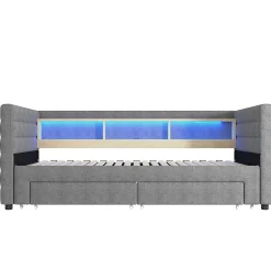Okwish Lit Gigogne 90x190 cm - Lit Simple avec 2 Tiroirs et Étagères - LED et Ports USB Intégrés - Multifonction en Velours Gris