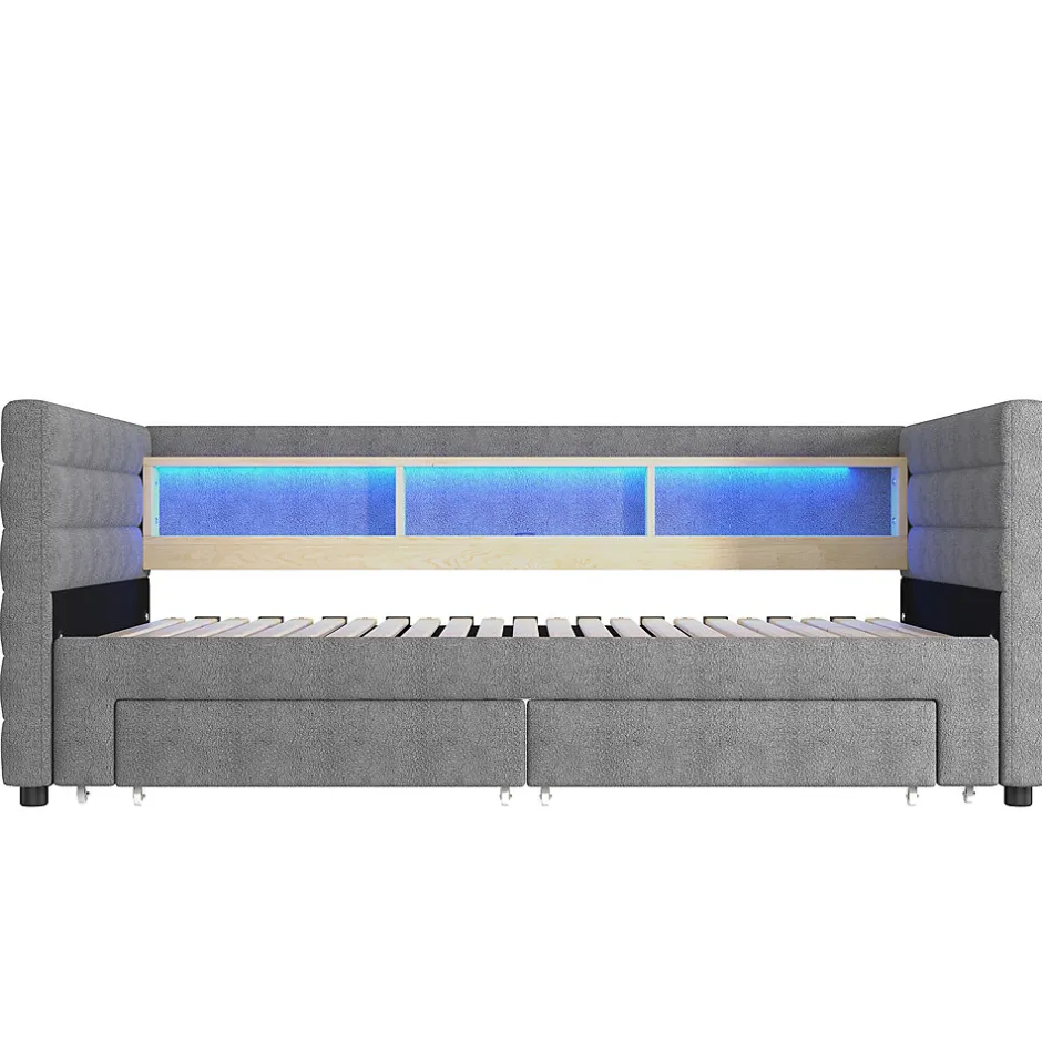 Okwish Lit Gigogne 90x190 cm - Lit Simple avec 2 Tiroirs et Étagères - LED et Ports USB Intégrés - Multifonction en Velours Gris