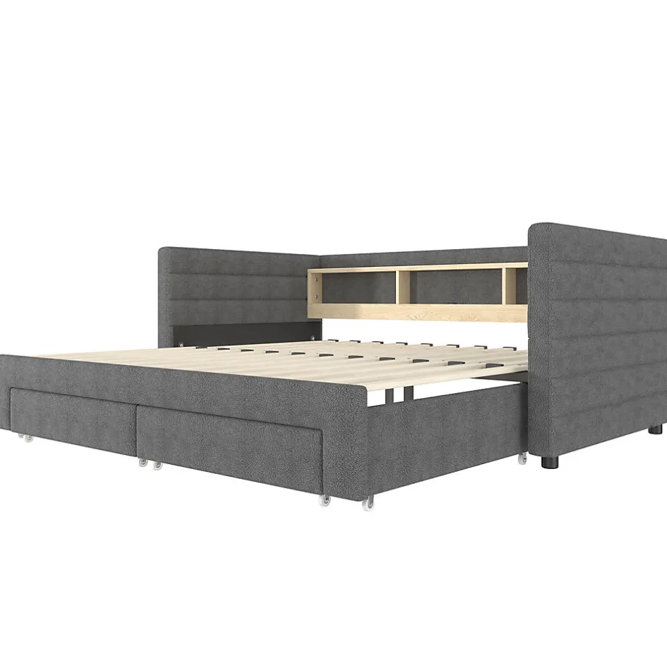 Okwish Lit Gigogne 90x190 cm - Lit Simple avec 2 Tiroirs et Étagères - LED et Ports USB Intégrés - Multifonction en Velours Gris