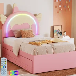 Okwish Lit gigogne 90x200 cm - Lit simple enfant avec lit gigogne - PU + MDF - Sans matelas - Rose Discount