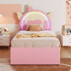Okwish Lit gigogne 90x200 cm - Lit simple enfant avec lit gigogne - PU + MDF - Sans matelas - Rose Discount